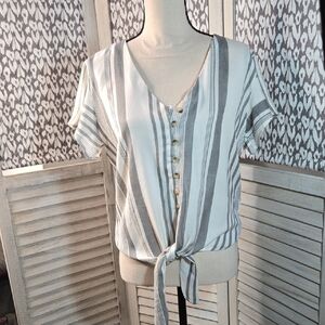 NWOT Style Envy Gray and White Striped Button-Down Top Flutter Sleeve Nautical